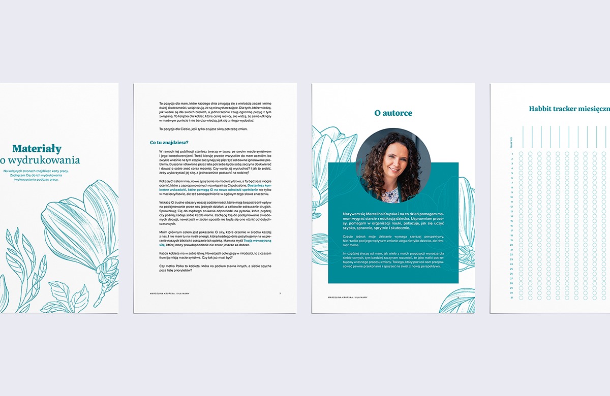Rozłożone broszury informacyjne z motywem kwiatowym i zdjęciem autorki, zawierające tekst o macierzyństwie, edukacji i habit trackerze miesięcznym.