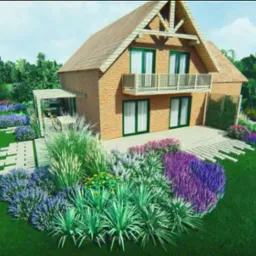 Wizualizacja ogrodu przy domu z cegły, z rabatami kwiatowymi, ścieżką z płyt i drewnianym tarasem.