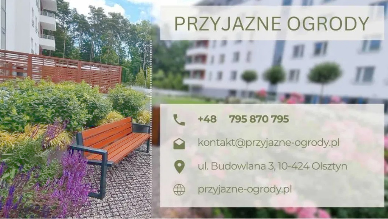 Zdjęcie promujące firmę ogrodniczą 'Przyjazne Ogrody', prezentujące fragment zagospodarowanego terenu zielonego z ławką na tle nowoczesnego budynku mieszkalnego.