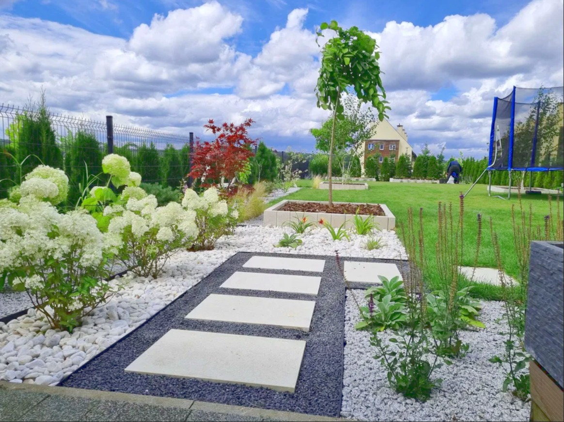 Nowoczesny ogród z białymi kamieniami, betonowymi płytami chodnikowymi, kwitnącymi hortensjami, klonem palmowym i młodym drzewkiem w betonowej obudowie na tle zielonego trawnika i błękitnego nieba...