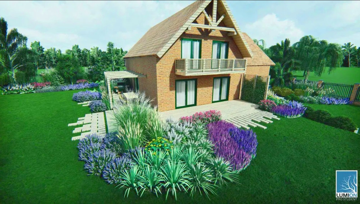 Wizualizacja ogrodu przy domu z cegły, z rabatami kwiatowymi, ścieżką z płyt i drewnianym tarasem.