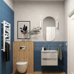 Wizualizacja nowoczesnej łazienki z niebieskimi płytkami, drewnianymi panelami, podwieszaną toaletą, umywalką z szafką i owalnym lustrem z oświetleniem punktowym.