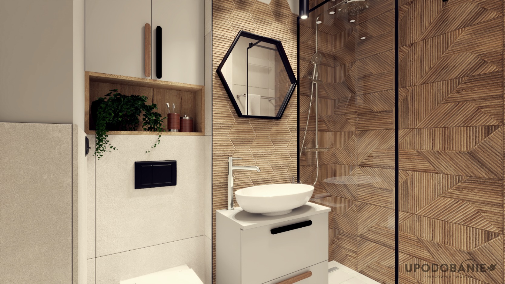 Nowoczesna łazienka z kabiną prysznicową oddzieloną szklaną ścianką, umywalką nablatową na białej szafce, heksagonalnym lustrem w czarnej ramie i drewnopodobnymi płytkami na ścianie.