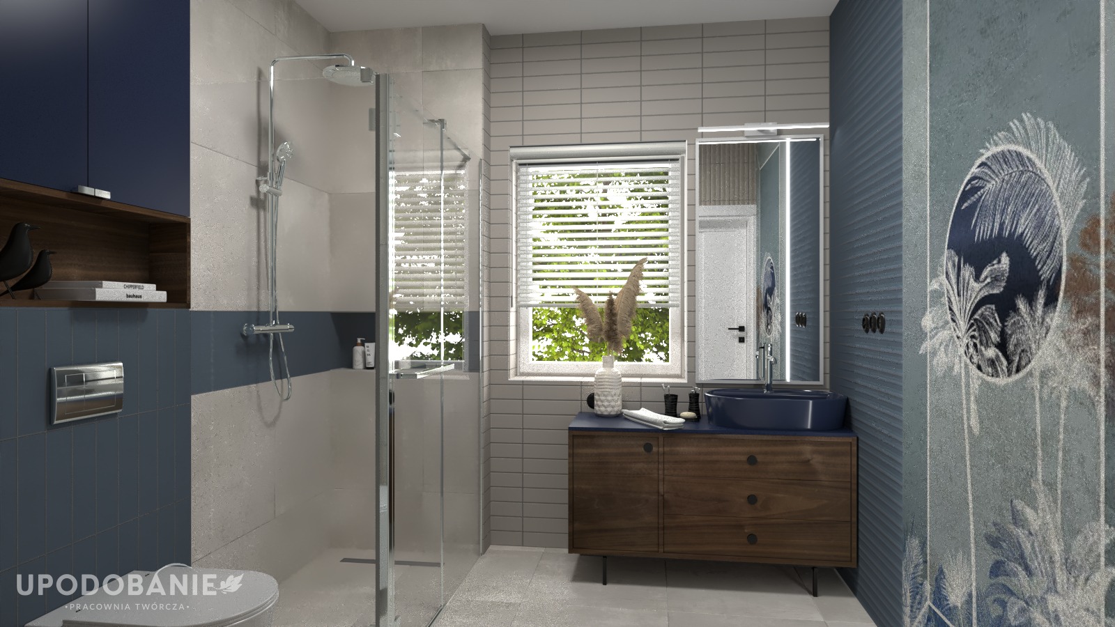 Nowoczesna łazienka z kabiną prysznicową typu walk-in, umywalką w kolorze granatowym osadzoną na drewnianej szafce, oraz dekoracyjną ścianą z motywem roślinnym w kolorze niebiesko-białym.