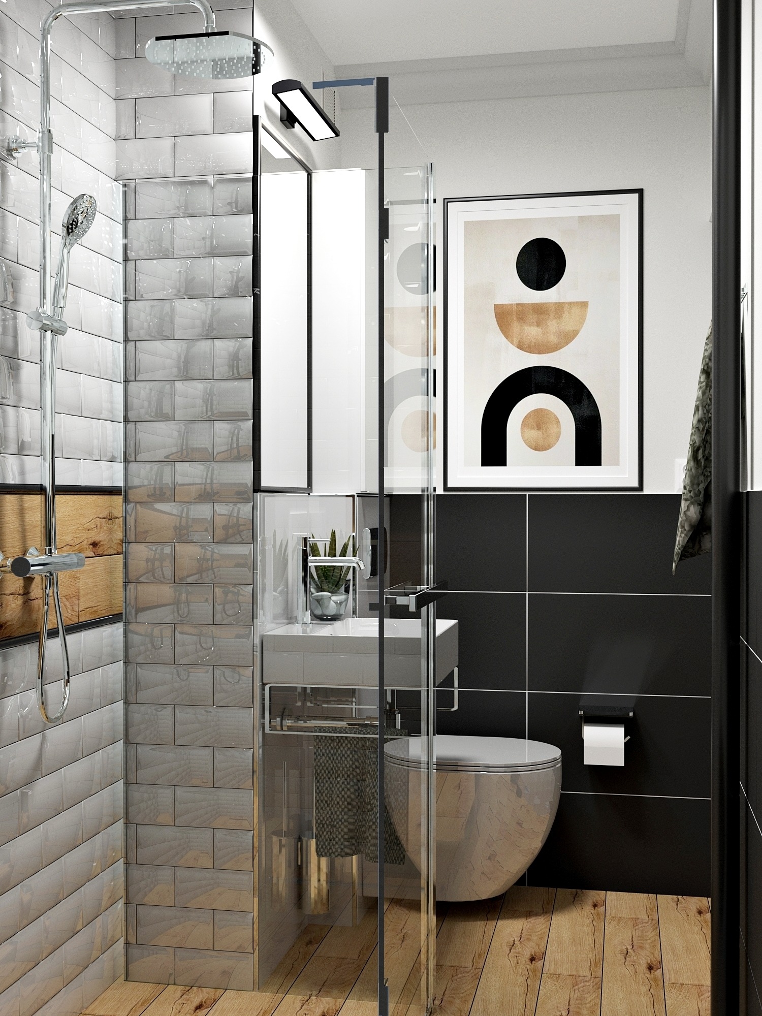 Nowoczesna łazienka z kabiną prysznicową typu walk-in, wykończona płytkami w odcieniach szarości i czerni, drewnianą podłogą oraz minimalistyczną grafiką na ścianie.
