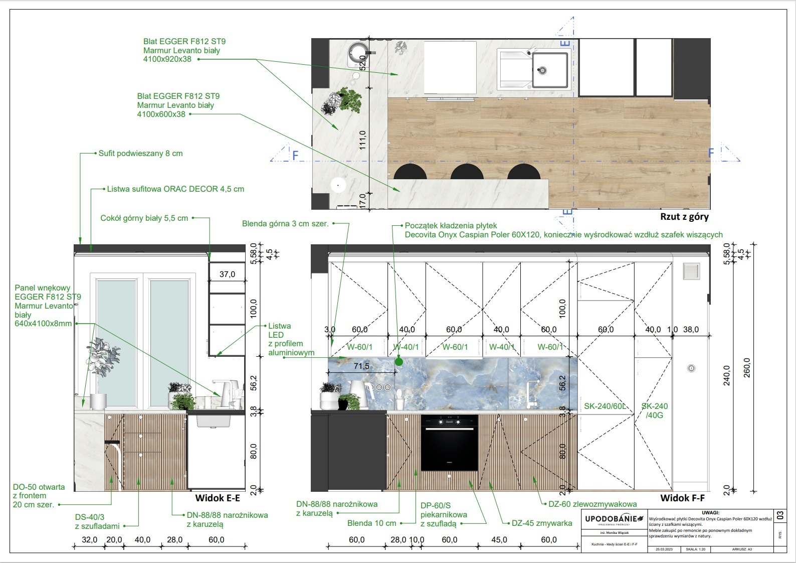 Projekt techniczny kuchni, widok z góry i przekroje ścian, z wymiarami i specyfikacją materiałów, w tym blat EGGER F812 ST9 Marmur Levanto biały i płytki Decovita Onyx Caspian Poler 60X120.