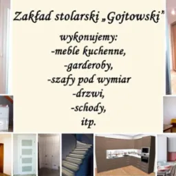 Kompozycja zdjęć prezentujących realizacje zakładu stolarskiego: szafa wnękowa z przesuwnymi drzwiami, pokój dziecięcy z łóżeczkiem i przewijakiem, sypialnia, regał, drzwi wewnętrzne, schody...