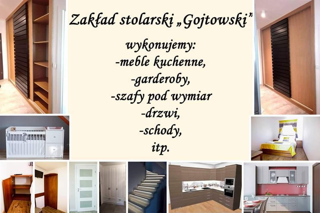 Kompozycja zdjęć prezentujących realizacje zakładu stolarskiego: szafa wnękowa z przesuwnymi drzwiami, pokój dziecięcy z łóżeczkiem i przewijakiem, sypialnia, regał, drzwi wewnętrzne, schody...