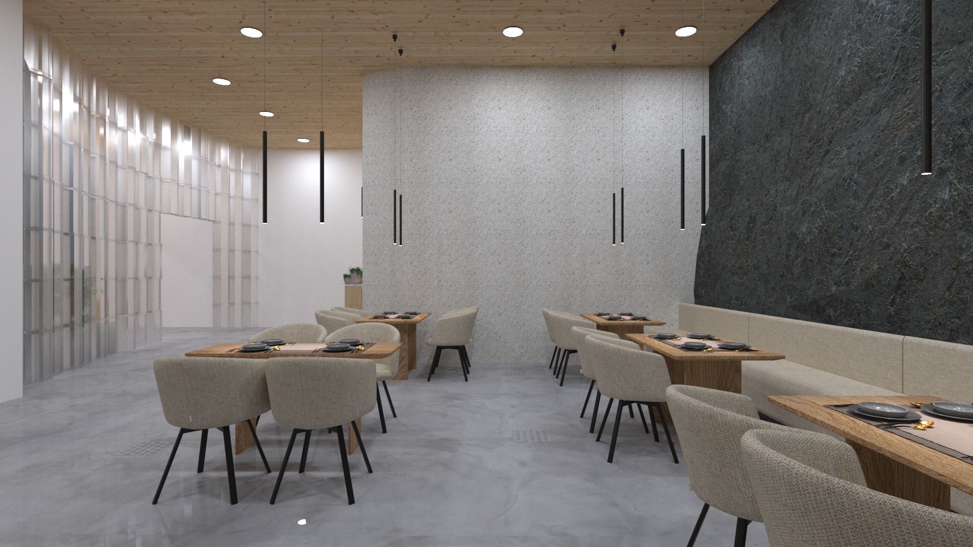 Wizualizacja wnętrza restauracji z drewnianym sufitem, szarymi ścianami o zróżnicowanej fakturze, beżowymi krzesłami i stołami z zastawą, oświetlona wiszącymi lampami.