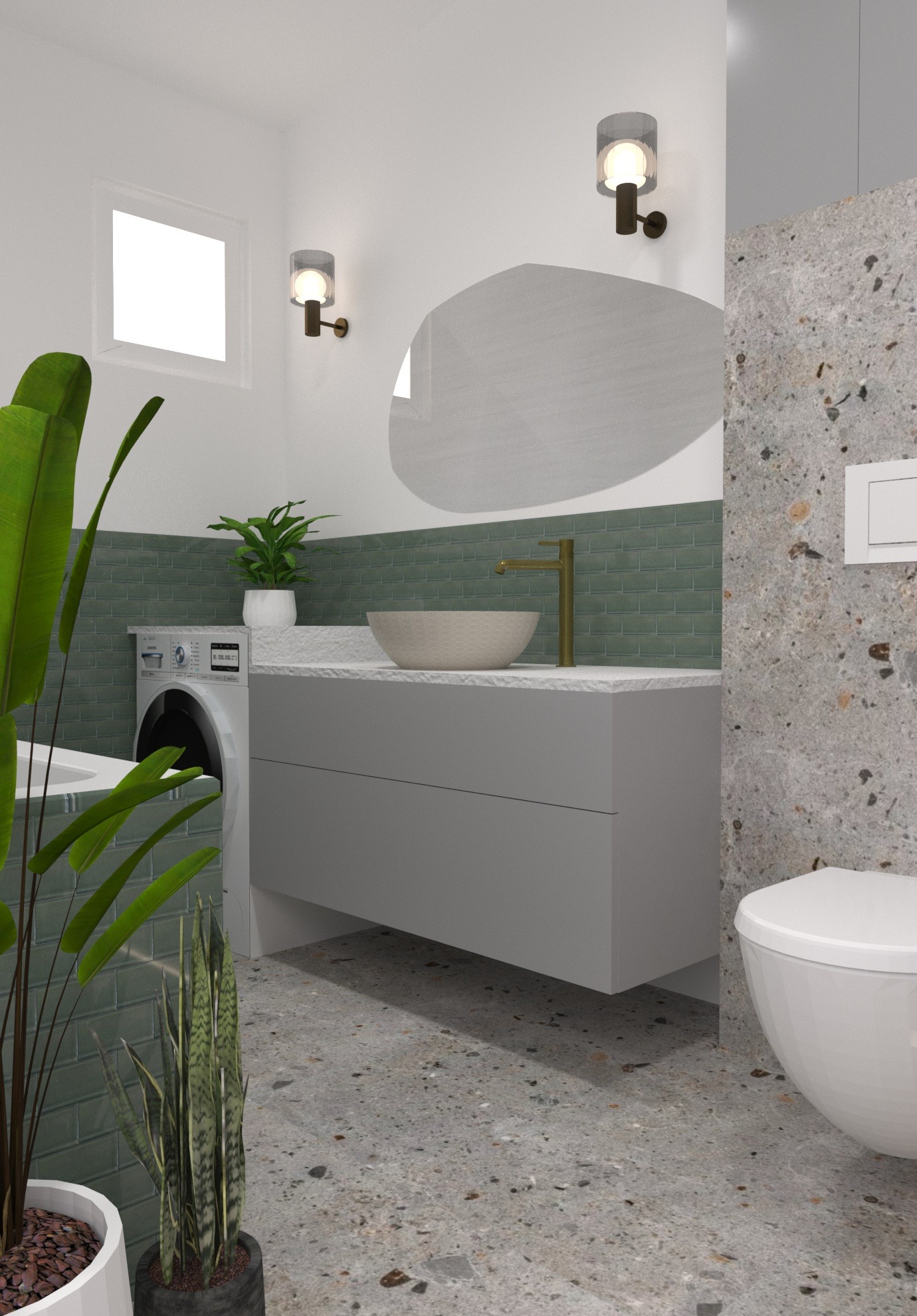 Wizualizacja nowoczesnej łazienki z umywalką nablatową, złotą baterią, wiszącą toaletą i pralką schowaną za blatem, z zielonymi płytkami i terazzo oraz roślinami doniczkowymi.