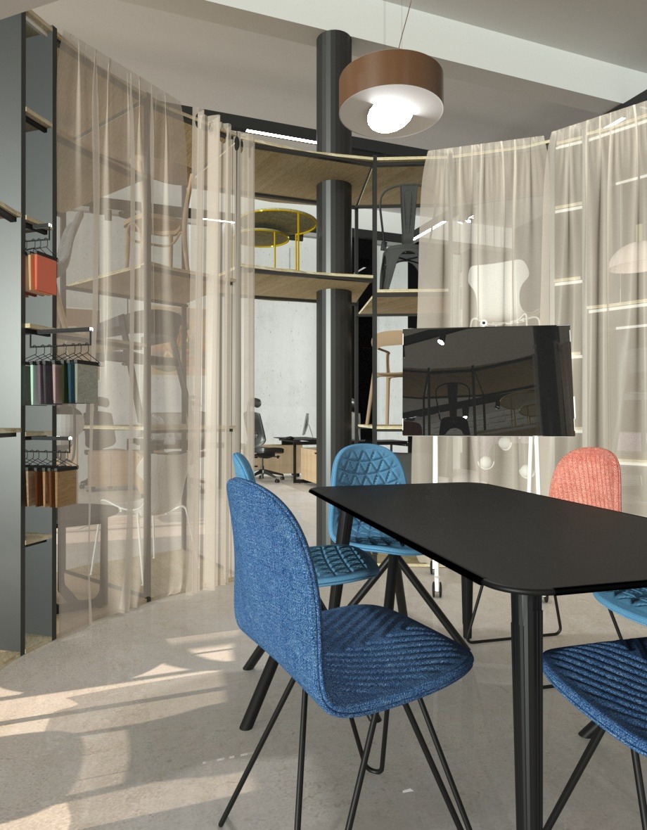 Nowoczesna aranżacja biura w Bydgoszczy: czarny stół konferencyjny otoczony krzesłami w odcieniach niebieskiego i pomarańczowego, na tle wielopoziomowej konstrukcji z półkami i lekkimi zasłonami.