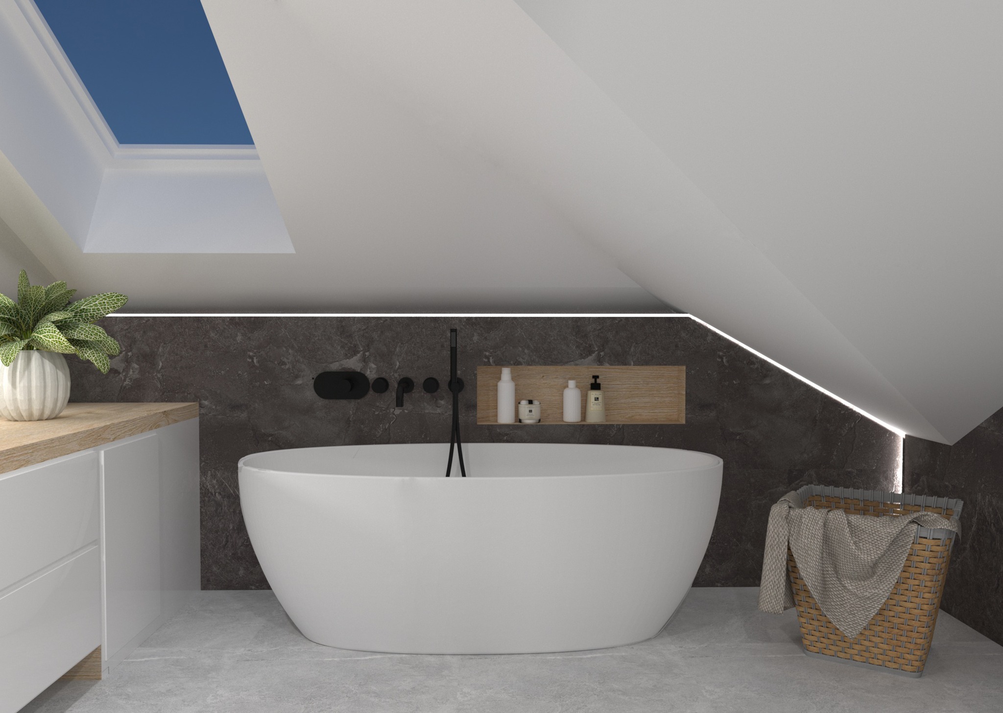 Nowoczesna łazienka na poddaszu z owalną wanną, czarną armaturą i oświetleniem LED wzdłuż skośnego sufitu, kosz na pranie w rogu.