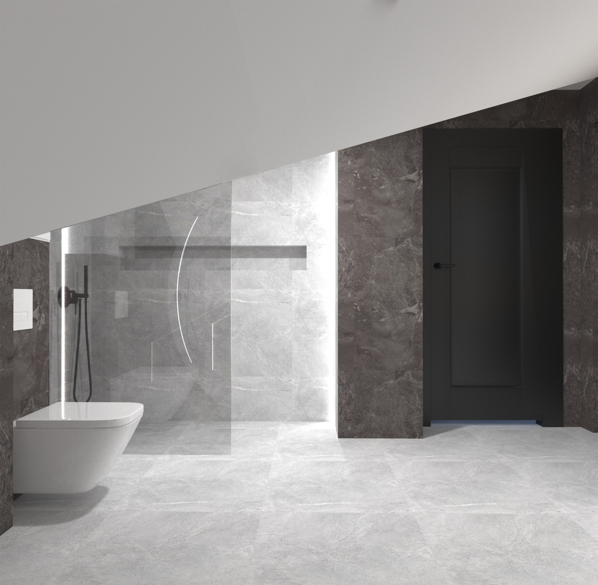 Minimalistyczna łazienka na poddaszu z szarą marmurową okładziną ścian i podłogi, wisząca toaleta i kabina prysznicowa z podświetleniem LED oraz czarne drzwi.