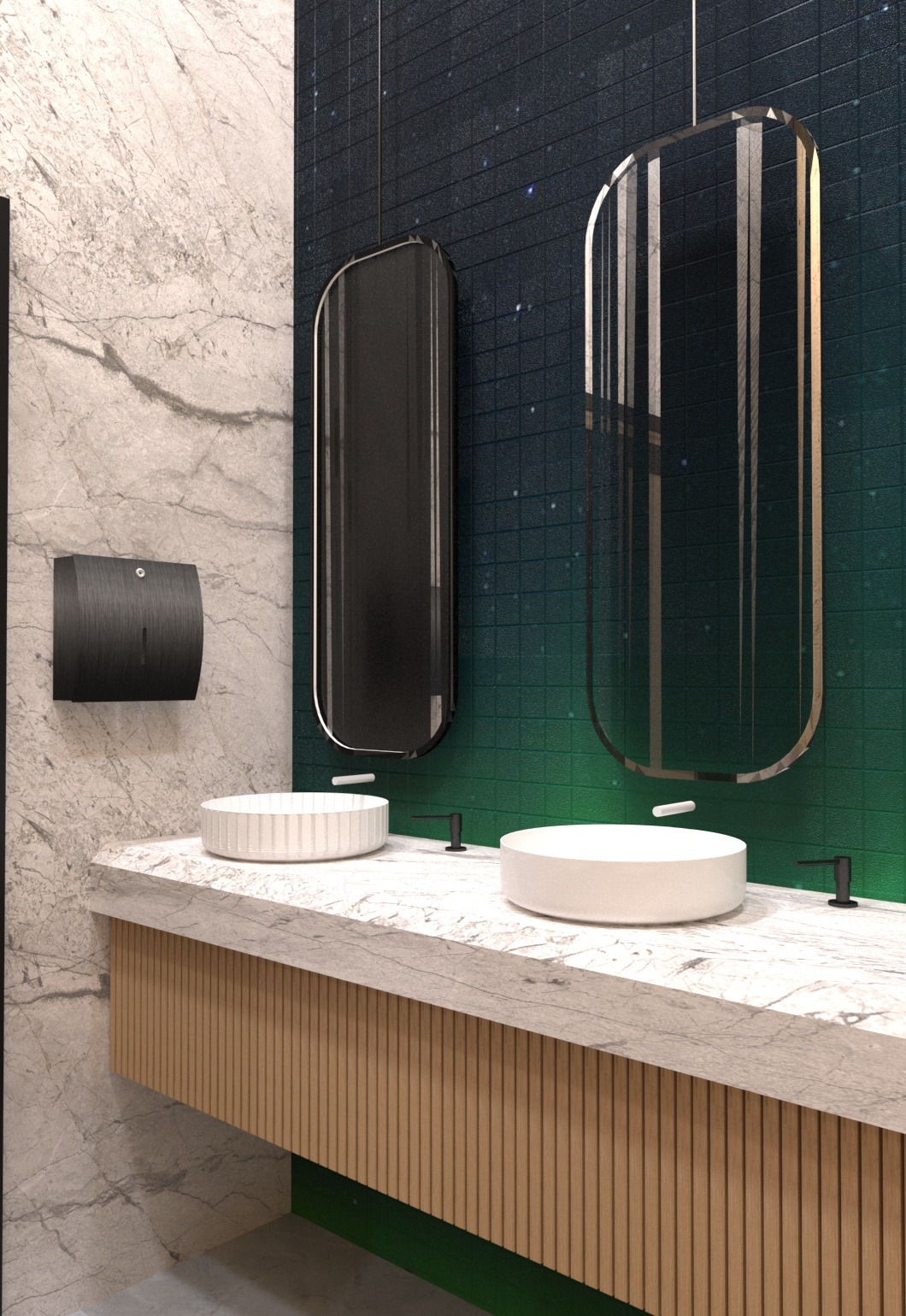 Nowoczesna łazienka z dwoma okrągłymi umywalkami, podwieszanymi lustrami z zaokrąglonymi rogami i marmurowym blatem z drewnianą szafką, na tle ściany z ciemnozielonej mozaiki z motywem gwiazd.