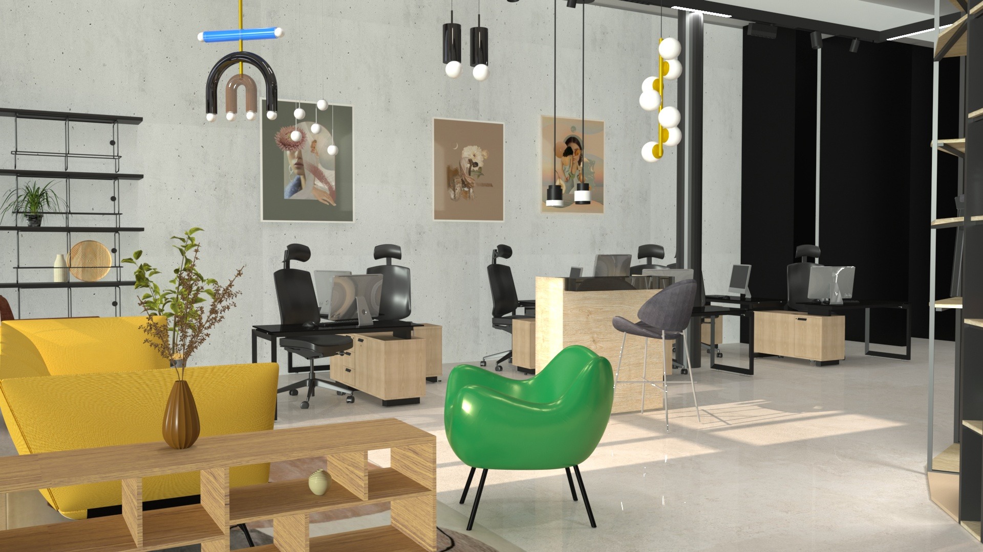 Wizualizacja nowoczesnego biura z żółtą sofą, zielonym krzesłem, drewnianym regałem, czarnymi biurkami i krzesłami, betonową ścianą z abstrakcyjnymi obrazami i modernistycznym oświetleniem.