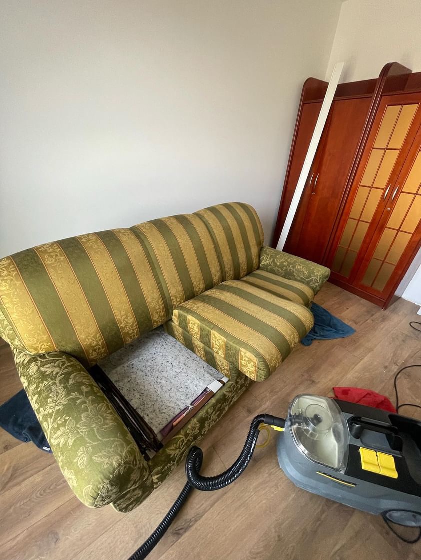 Fragment sofy w zielono-złote pasy z odsłoniętą konstrukcją siedziska, obok odkurzacz piorący, w tle drewniane meble.