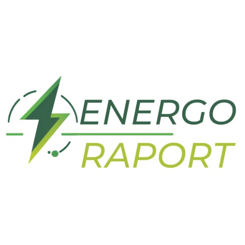 Logo firmy Energo Raport z zielonym symbolem błyskawicy i nazwą w dwóch odcieniach zieleni.