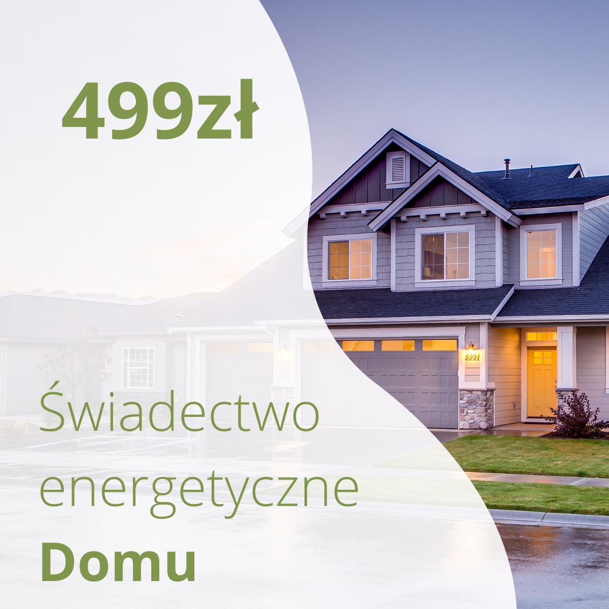 Dwupiętrowy dom jednorodzinny z garażem, oświetlony ciepłym światłem zachodzącego słońca, z nakładką graficzną informującą o cenie i świadectwie energetycznym.