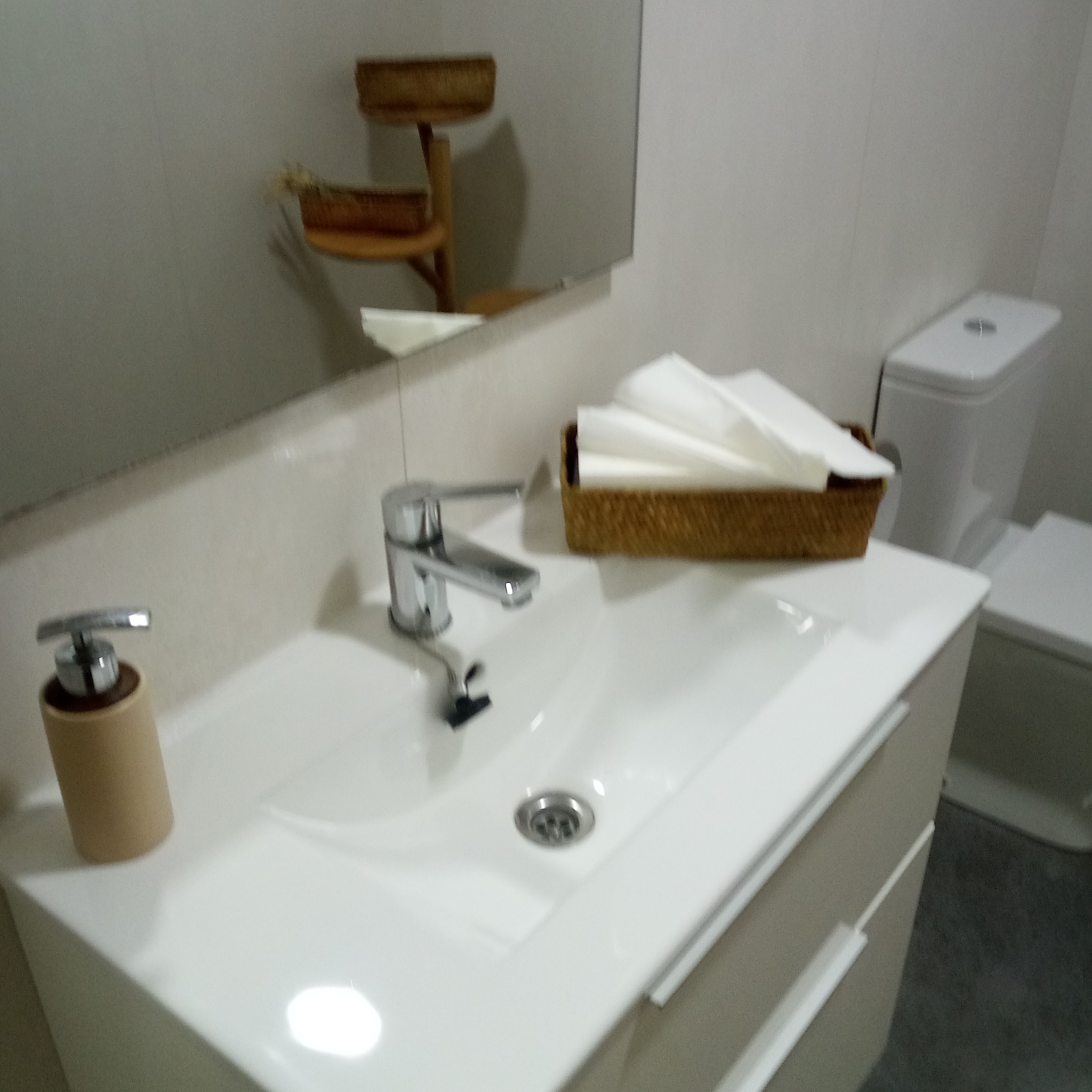 Nowoczesna biała umywalka z chromowaną baterią i dozownikiem mydła, obok toaleta, a w lustrze odbija się drewniany regał.