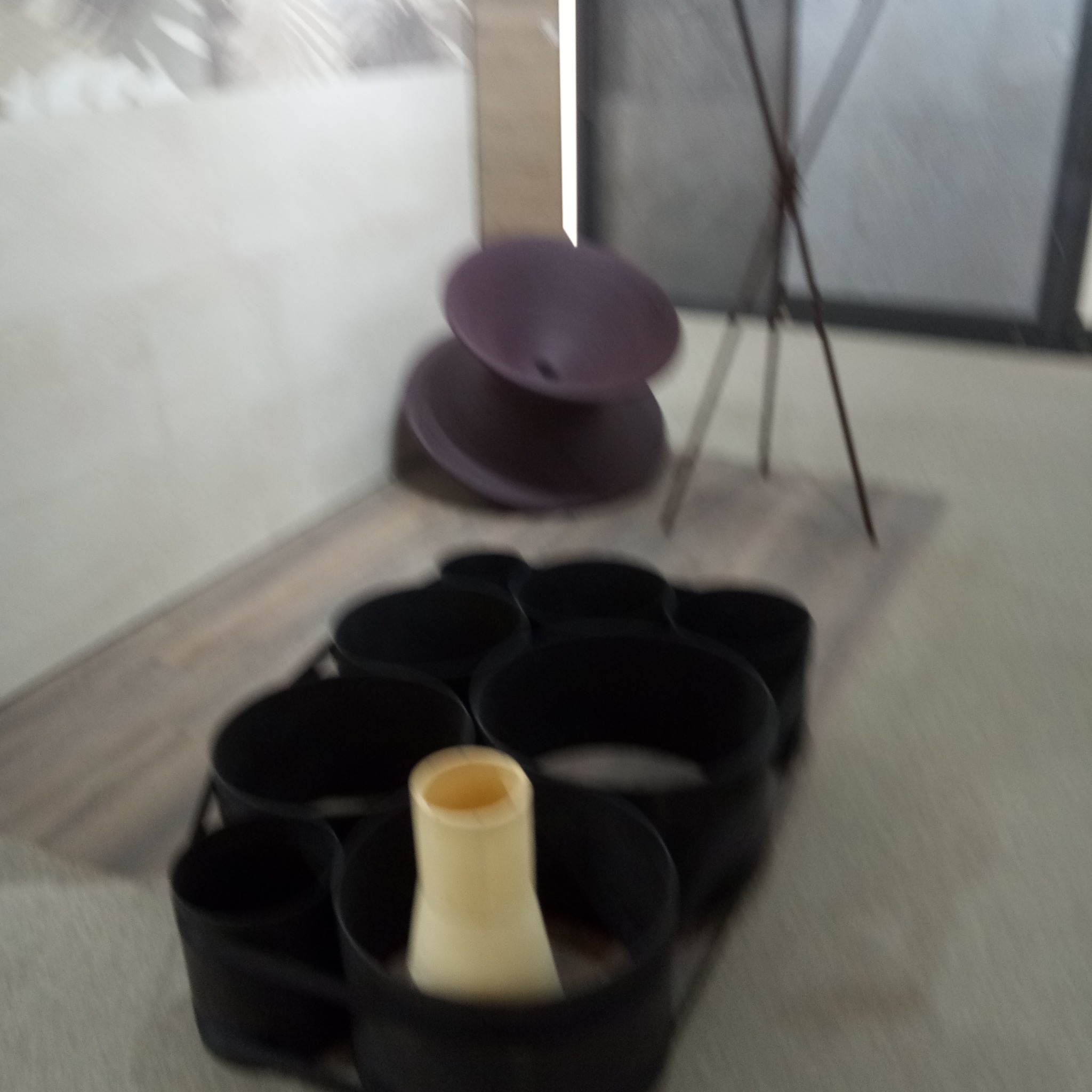 Nierozpoznawalne, rozmazane ujęcie z wnętrza w Poznaniu, prezentujące czarne doniczki ustawione na podłodze, z elementami wystroju w tle.