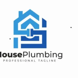 Niebieski logo firmy hydraulicznej przedstawiające schematyczną rurę w kształcie domu z napisem HousePlumbing oraz Professional Tagline.