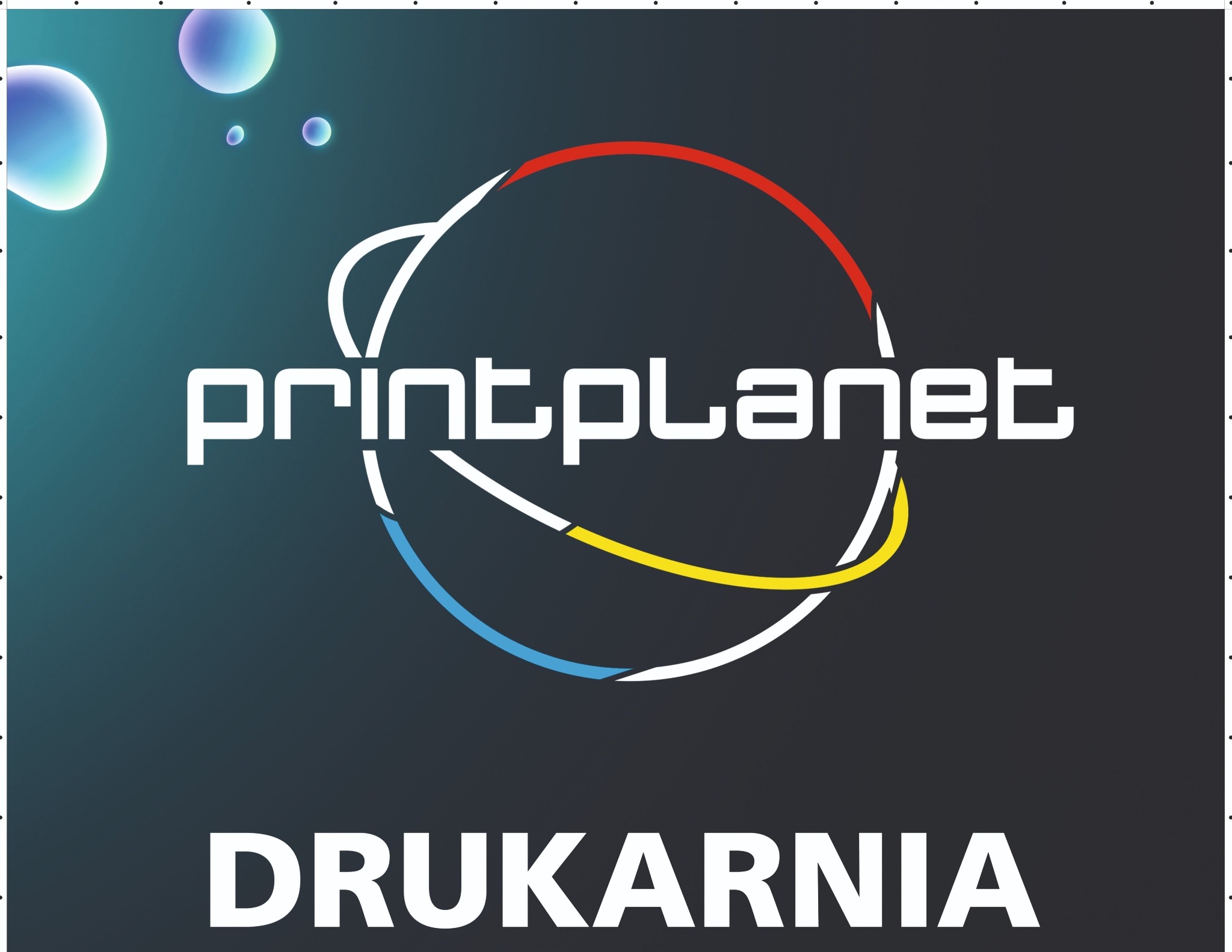 Logo drukarni Print Planet z nazwą firmy i napisem DRUKARNIA na ciemnym tle z kolorowymi okręgami.