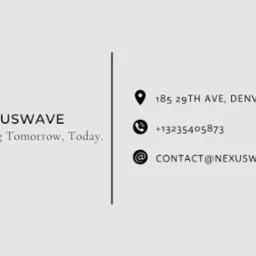 Minimalistyczna wizytówka firmy Nexuswave z adresem, numerem telefonu i adresem e-mail, slogan 'Connecting Tomorrow, Today.'