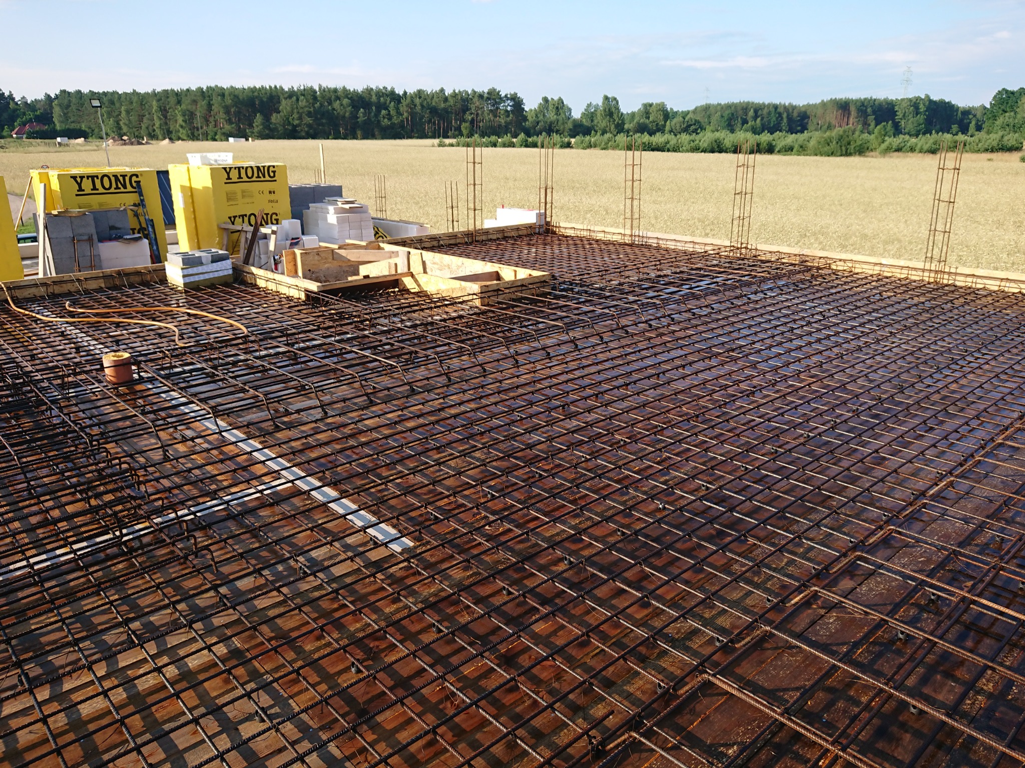Zbrojenie płyty fundamentowej z wystającymi prętami, widoczne bloczki Ytong i drewniane szalunki na tle pola i lasu.