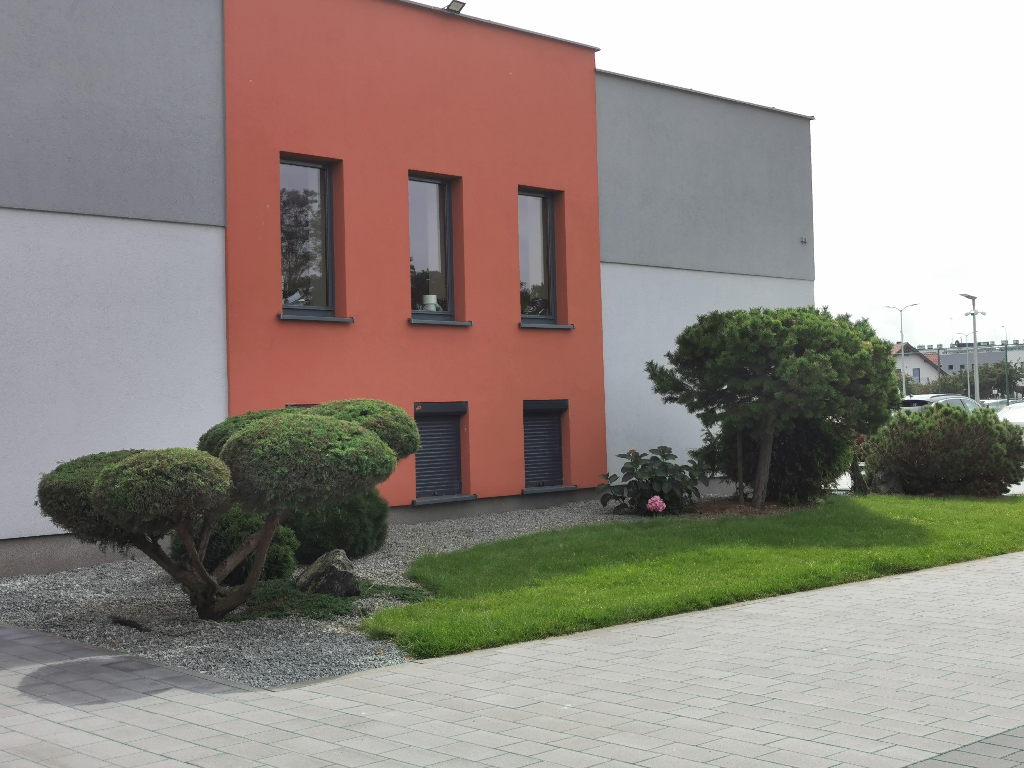 Nowoczesny ogród przydomowy z równo przystrzyżonymi krzewami, kamieniami ozdobnymi i fragmentem trawnika, na tle budynku z elementami w kolorze łososiowym i szarym.