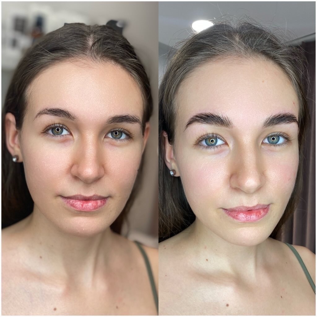 Portret kobiety przed i po zabiegu stylizacji brwi, widoczne subtelne zmiany w kształcie i kolorze brwi.