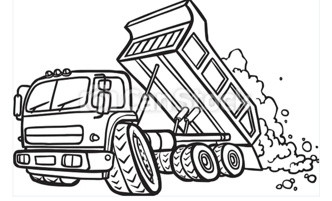 Czarno-biała ilustracja przedstawiająca wywrotkę z podniesioną skrzynią ładunkową, wysypującą materiał sypki.