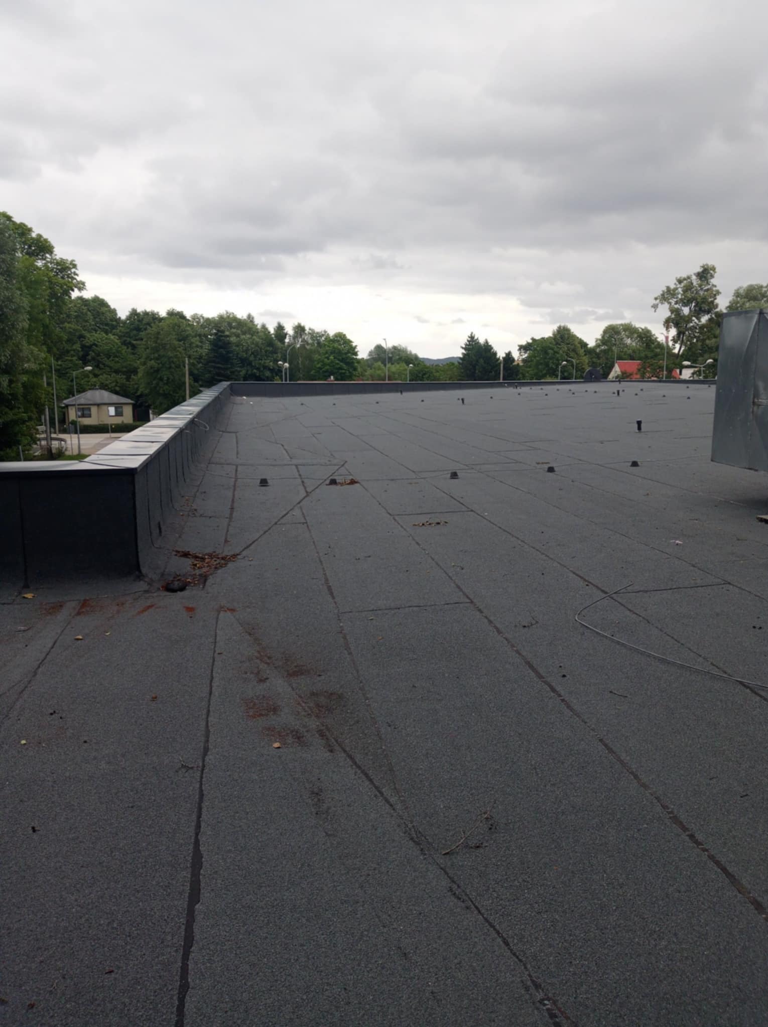 Płaski dach pokryty papą termozgrzewalną, widoczne łączenia, komin wentylacyjny i fragment attyki, w tle drzewa i pochmurne niebo.