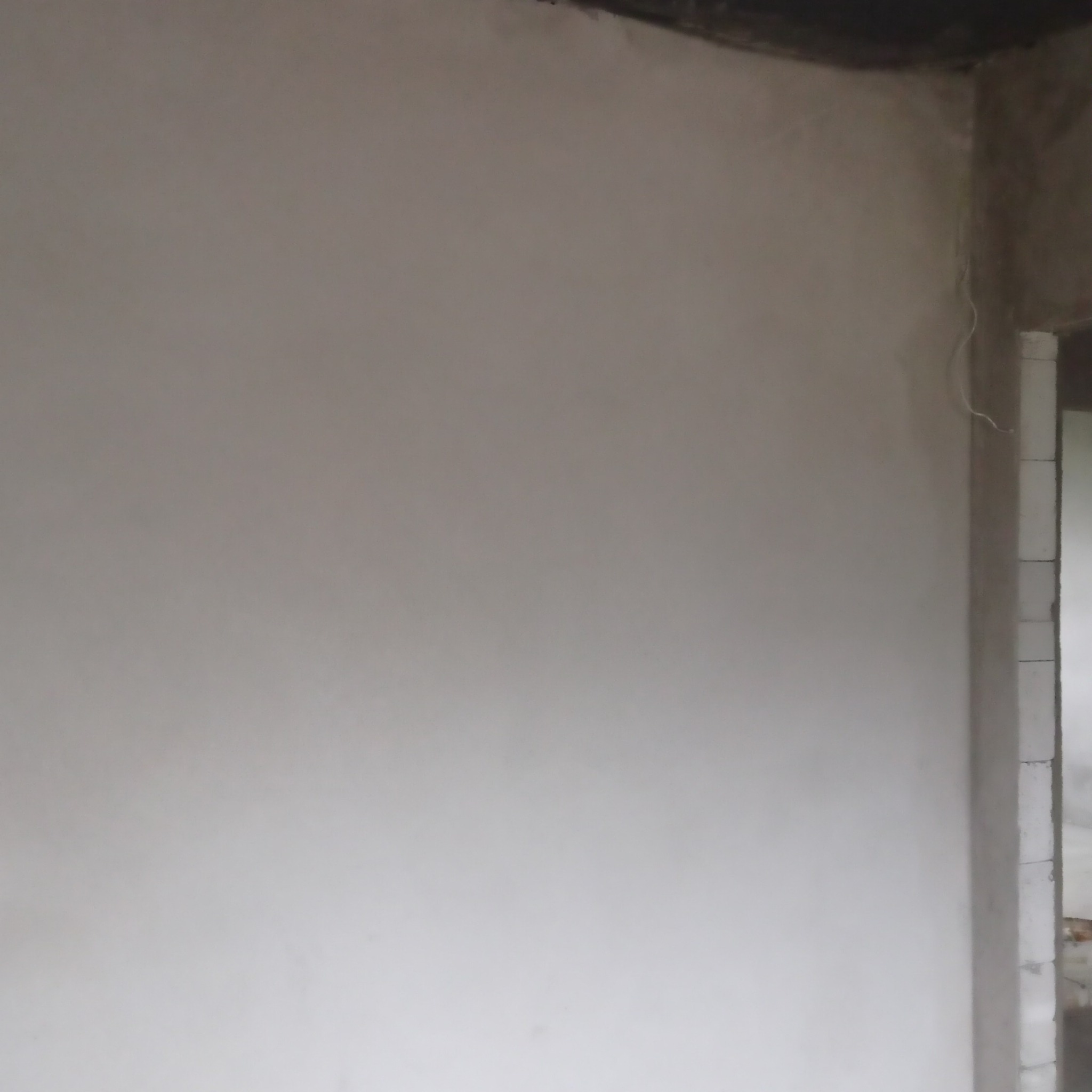 Świeżo nałożona, jasnoszara warstwa wygładzonej zaprawy na ścianie wewnętrznej w trakcie prac wykończeniowych, widoczny fragment sufitu i narożnik ściany z elementami konstrukcyjnymi.