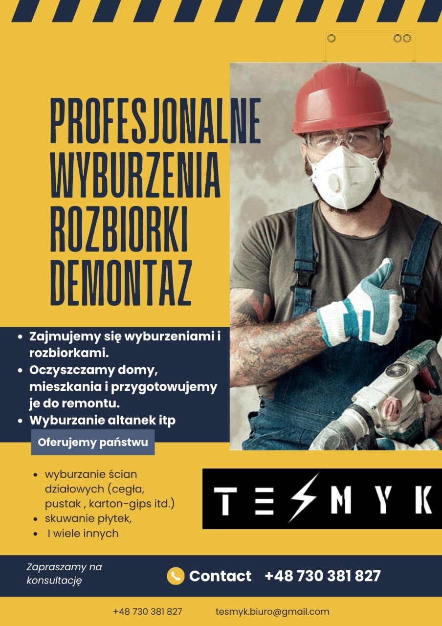 Mężczyzna w kasku i masce z wiertarką na tle reklamy firmy budowlanej oferującej profesjonalne wyburzenia, rozbiórki i demontaż.