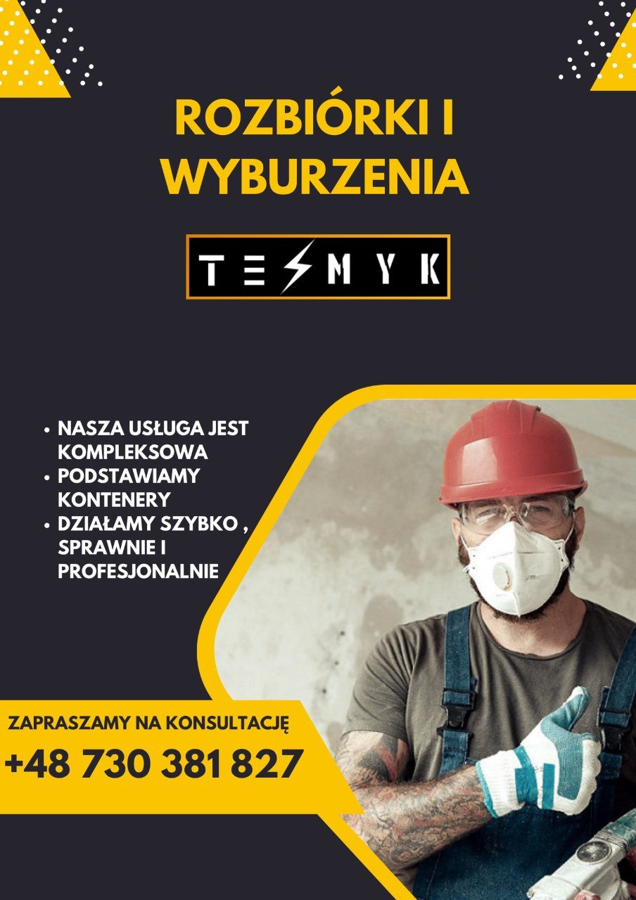 Plakat reklamowy firmy budowlanej oferującej kompleksowe usługi, w tym podstawianie kontenerów, z numerem telefonu i wizerunkiem pracownika w kasku, masce ochronnej i rękawicach, dającego kciuk...