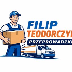 Filip Teodorczyk Przeprowadzki - Ilustracja: mężczyzna w uniformie niesie karton, obok furgonetka. Logo firmy przeprowadzkowej 'Filip Teodorczyk Przeprowadzki'.