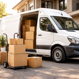 Filip Teodorczyk Przeprowadzki - Biały bus z otwartymi drzwiami załadowany kartonami, obok wózek transportowy z dodatkowymi pudełkami i roślina w doniczce. Tło: budynek mieszkalny i drzewa.