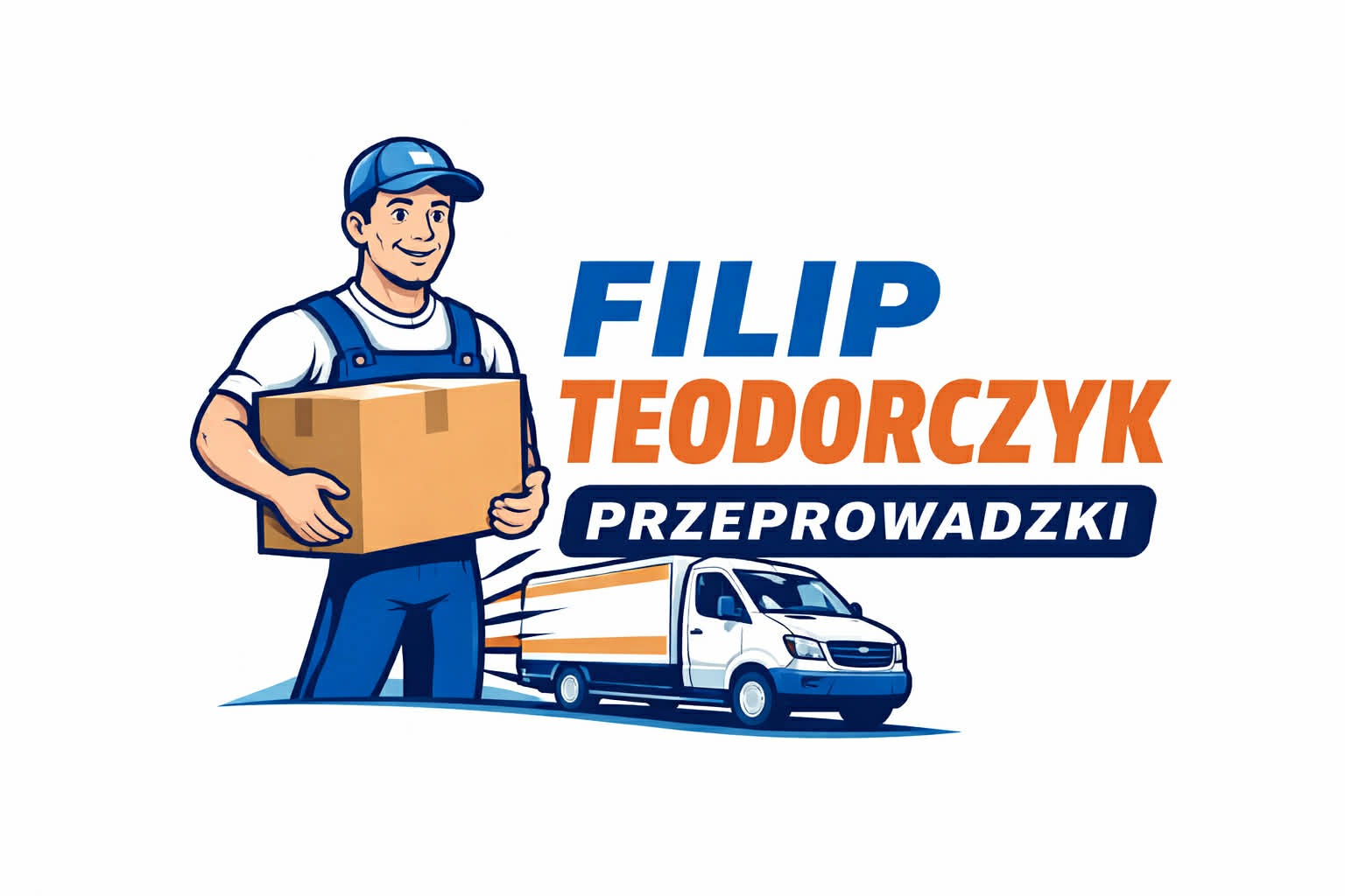 Ilustracja: mężczyzna w uniformie niesie karton, obok furgonetka. Logo firmy przeprowadzkowej 'Filip Teodorczyk Przeprowadzki'.