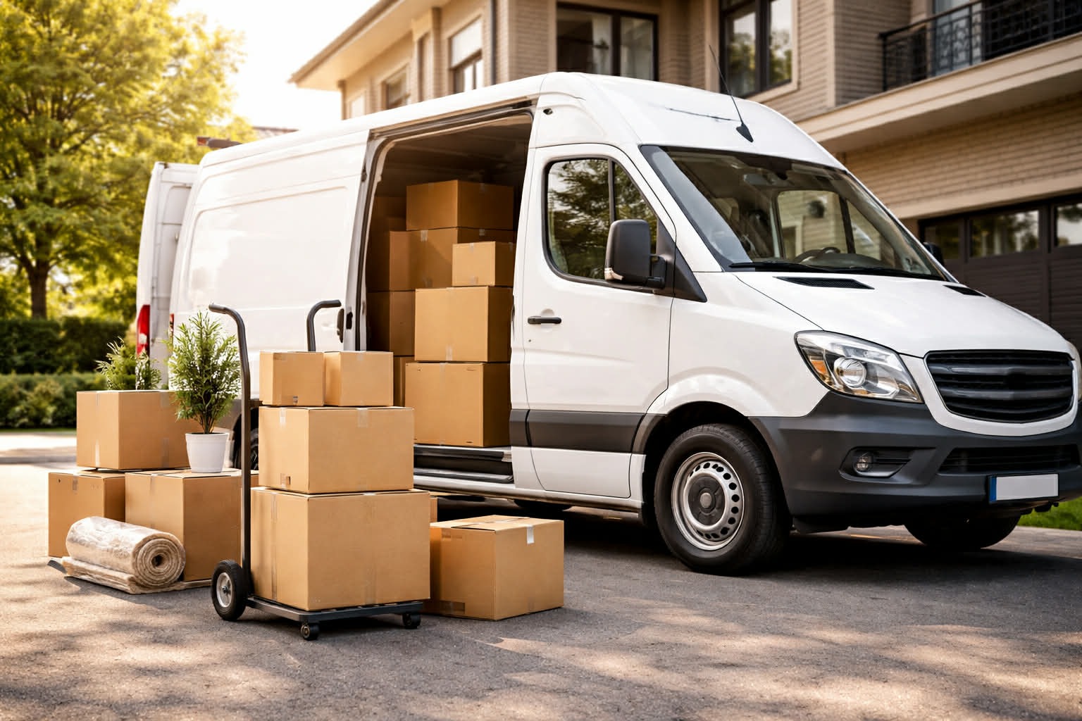 Biały bus z otwartymi drzwiami załadowany kartonami, obok wózek transportowy z dodatkowymi pudełkami i roślina w doniczce. Tło: budynek mieszkalny i drzewa.