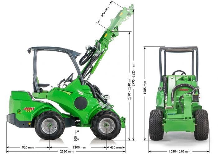 Schemat techniczny zielonej ładowarki teleskopowej Avant 528, z wymiarami oznaczonymi strzałkami i wartościami w milimetrach, widok z boku i z przodu na białym tle.