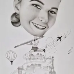 Ręcznie rysowany portret-karykatura z motywami podróżniczymi i muzycznymi, wykonany w Białej, przedstawiający uśmiechniętą kobietę grającą na flecie, siedzącą na torcie z elementami Paryża...