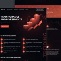 Strona internetowa z grafiką przedstawiającą rosnące słupki i strzałkę skierowaną w górę, promująca kurs dotyczący podstaw tradingu i inwestycji.