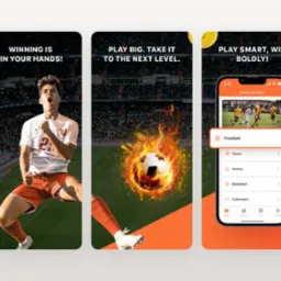 Ekran aplikacji mobilnej z interfejsem wyboru dyscypliny sportowej: piłka nożna, tenis, hokej, koszykówka, cybersport, obok wizualizacje graficzne z motywami sportowymi i hasłami.