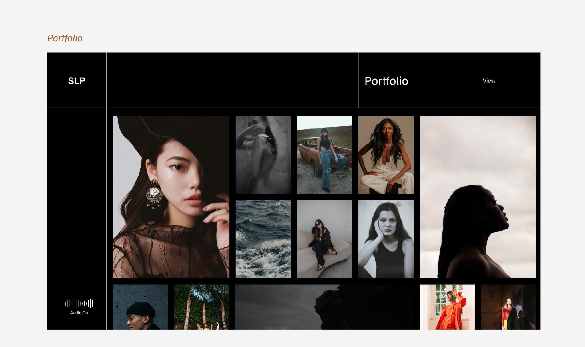 Układ portfolio strony internetowej z różnorodnymi zdjęciami portretowymi, w tym zbliżenie na twarz kobiety w kapeluszu i z kolczykami, czarno-białe ujęcia, oraz sylwetki na tle nieba.