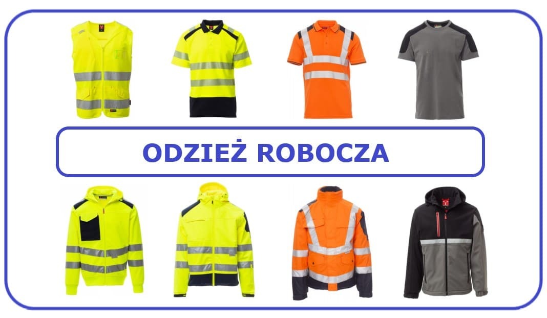 Kolekcja odzieży roboczej: kamizelki, koszulki polo i kurtki w kolorach żółtym, pomarańczowym i szarym z elementami odblaskowymi, prezentowana na białym tle.