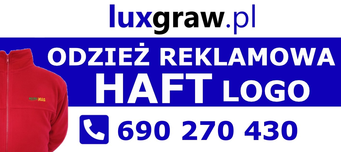 Czerwona polarowa bluza z haftowanym logo 'PATRO MAG' na tle reklamy firmy luxgraw.pl oferującej odzież reklamową z haftem logo i numerem telefonu.