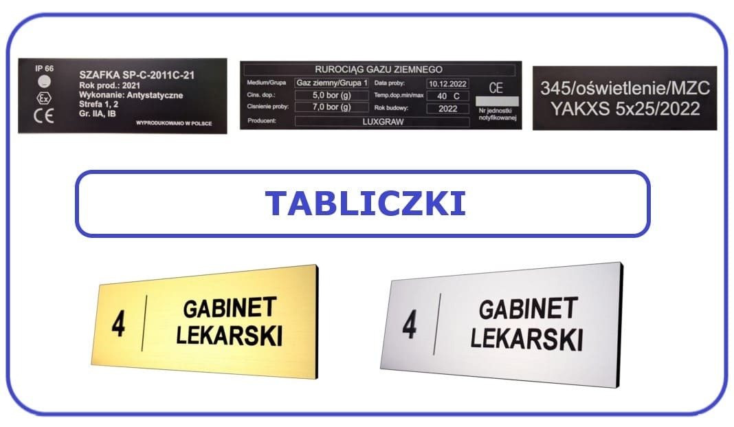Zestaw tabliczek informacyjnych i znamionowych z Płocka, w tym tabliczki z napisem 'Gabinet Lekarski' w kolorze złotym i srebrnym oraz tabliczki opisujące parametry techniczne urządzeń.