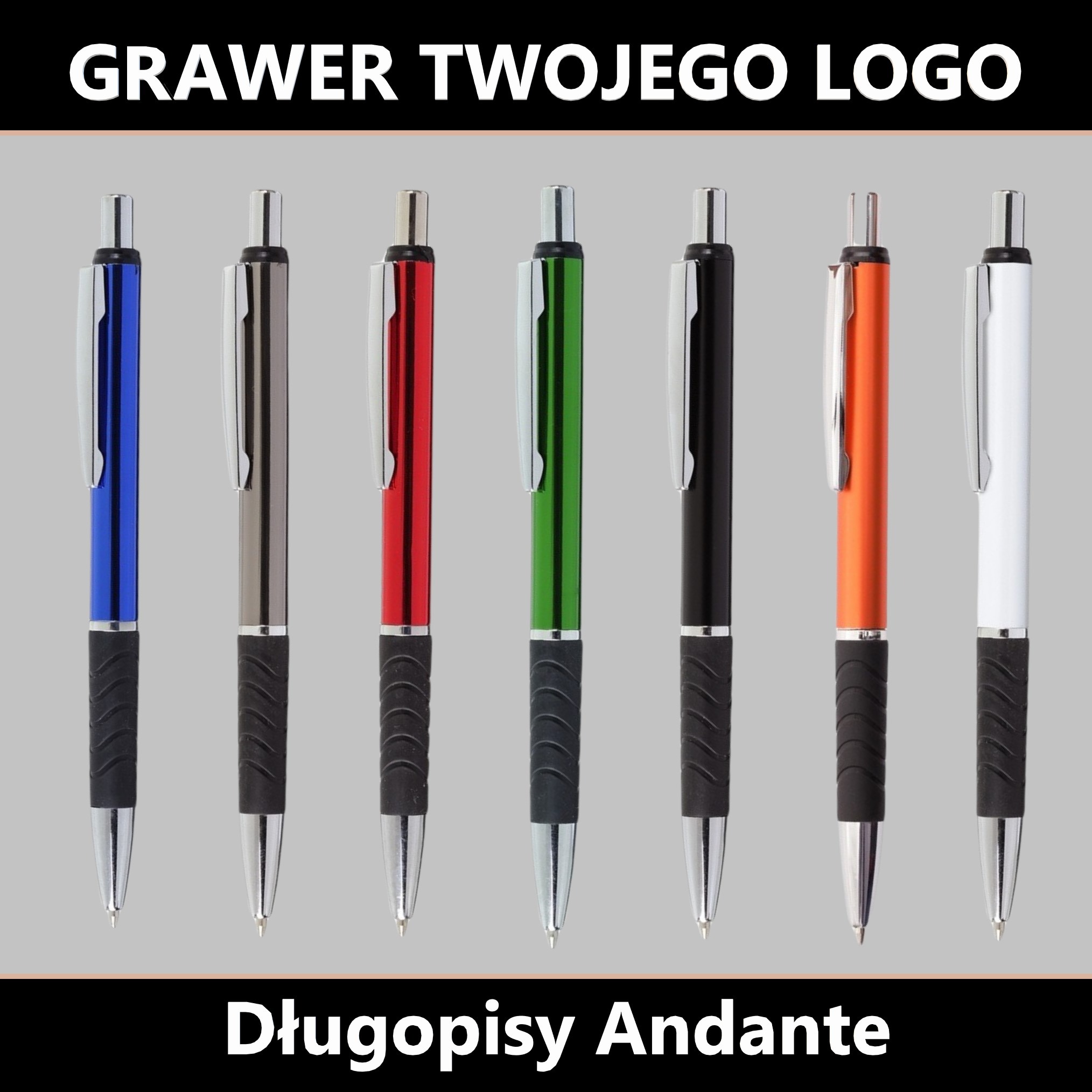 Kolorowe długopisy z grawerem logo firmy z Płocka, prezentowane na jednolitym tle.