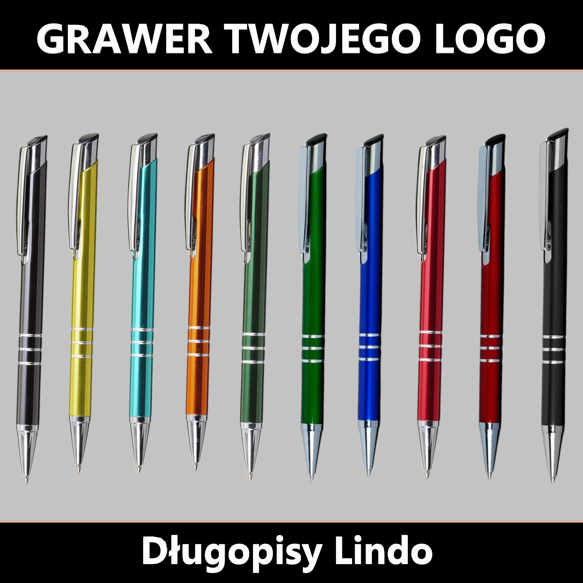 Rząd kolorowych długopisów Lindo z miejscem na grawer logo, prezentowanych na jasnym tle.