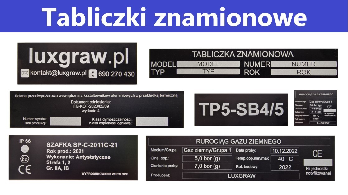 Zestaw tabliczek znamionowych w kolorze czarnym z białymi napisami, zawierających dane techniczne, numery seryjne, informacje o zgodności z normami, logo producenta Luxgraw oraz oznaczenia...